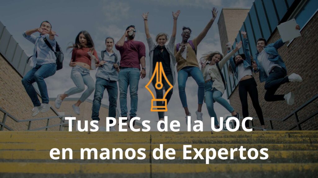 Grupo de estudiantes universitarios felices por encargar las PEC de la UOC a Pacsolver